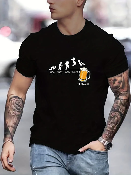 Jumping In Beer Print T-shirt, Men's Casual Street Style Stretch Round Neck Tee Shirt For Summer