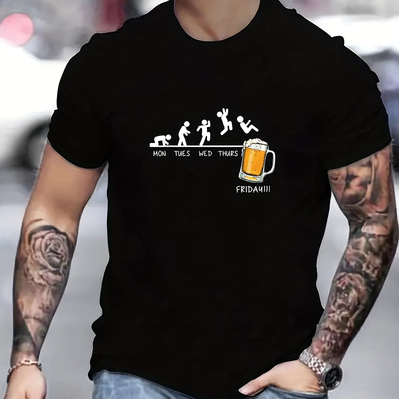 Jumping In Beer Print T-shirt, Men's Casual Street Style Stretch Round Neck Tee Shirt For Summer