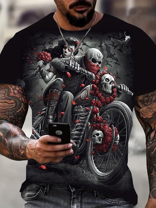 Skeleton Motorcyclist With Beauty 3D Digital Pattern Print Graphic T-shirts, Causal Tees, Short Sleeves Comfortable Pullover Tops, Men's Summer Clothing