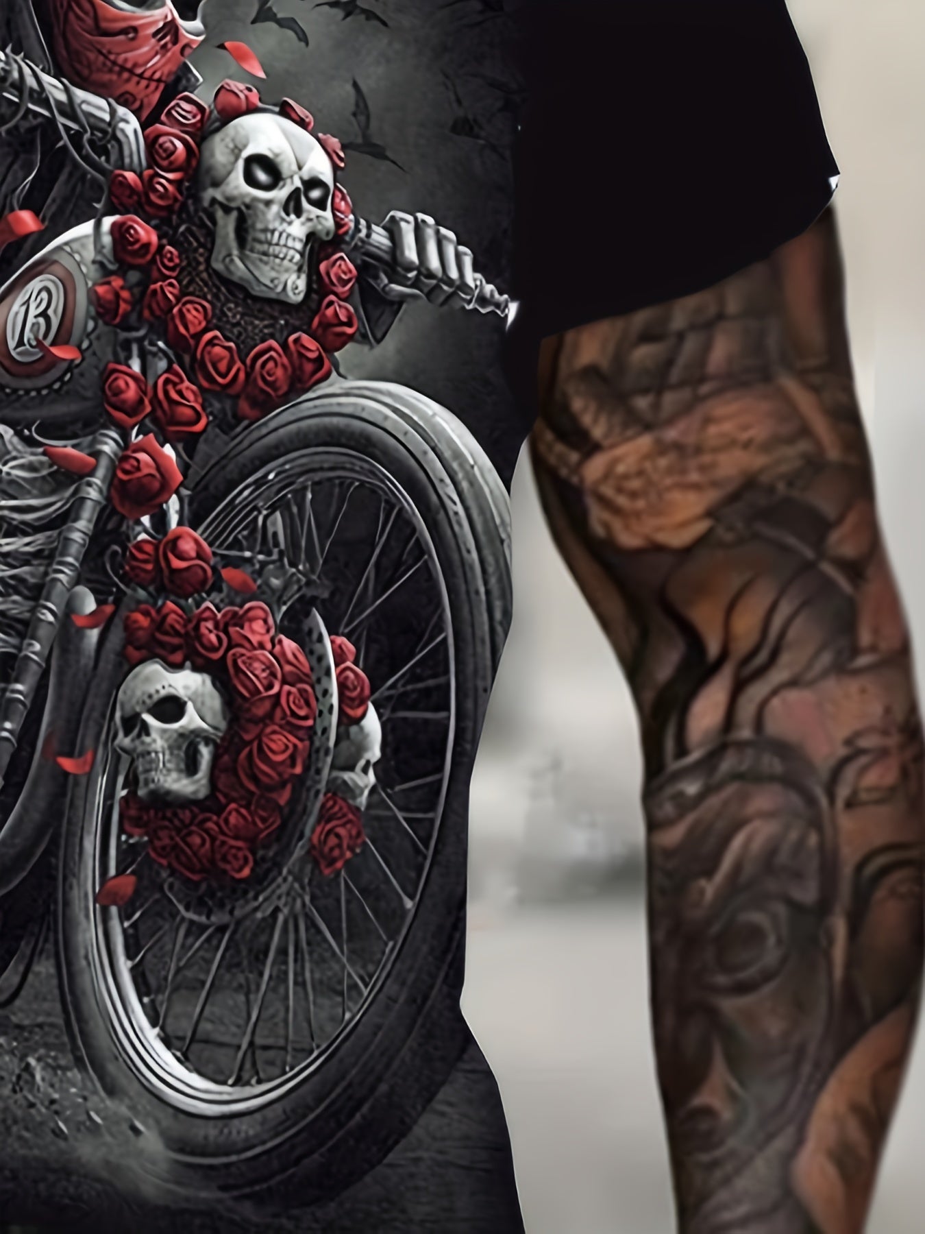 Skeleton Motorcyclist With Beauty 3D Digital Pattern Print Graphic T-shirts, Causal Tees, Short Sleeves Comfortable Pullover Tops, Men's Summer Clothing