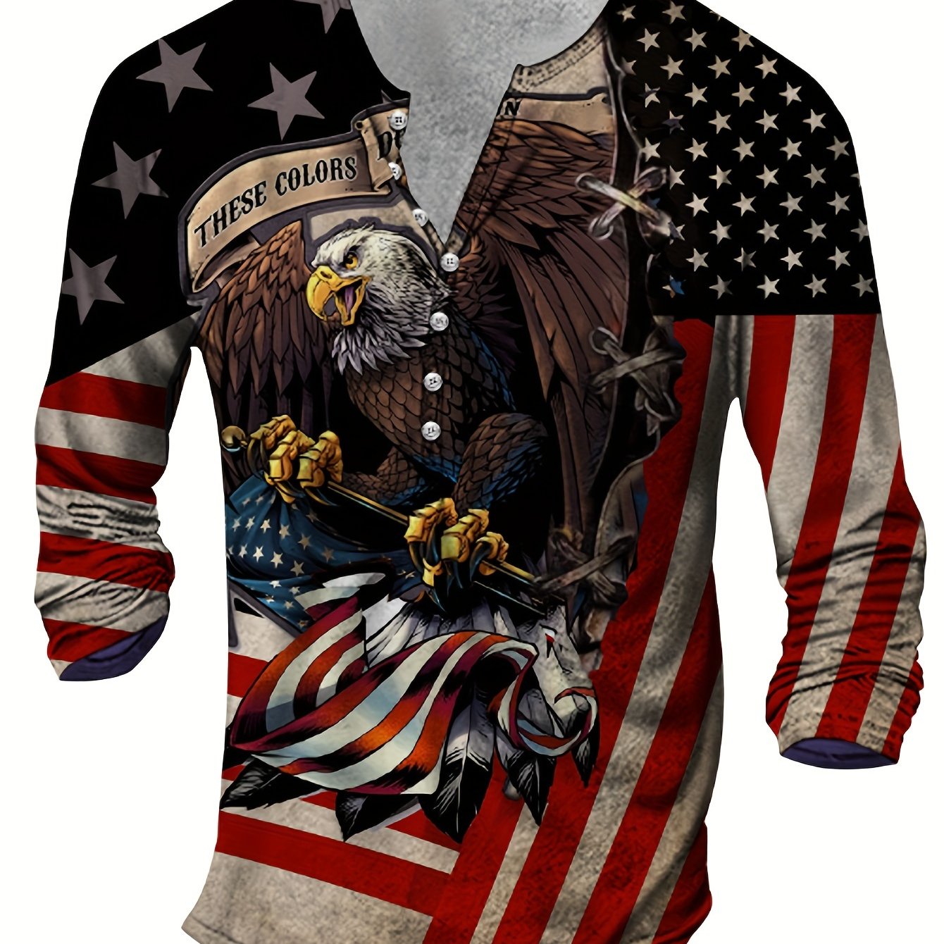 American Flag &  Eagle 3D Print Men's Long Sleeve Henley Shirt, Men's Spring Fall Buttons T-shirt