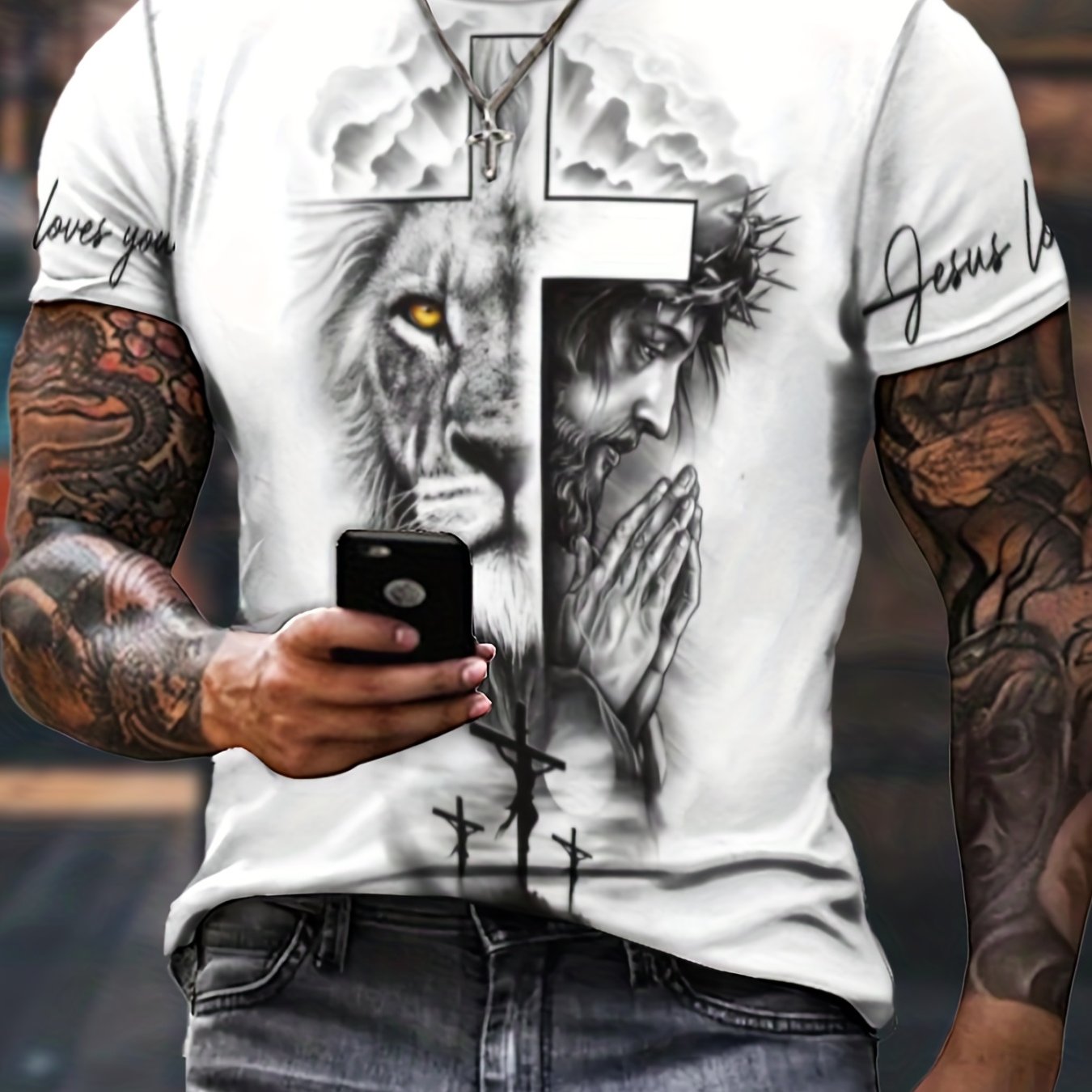 Stylish Cross & Lion Pattern Print Men's Comfy Chic T-shirt, Graphic Tee Men's Summer Outdoor Clothes, Men's Clothing, Tops For Men, Gift For Men