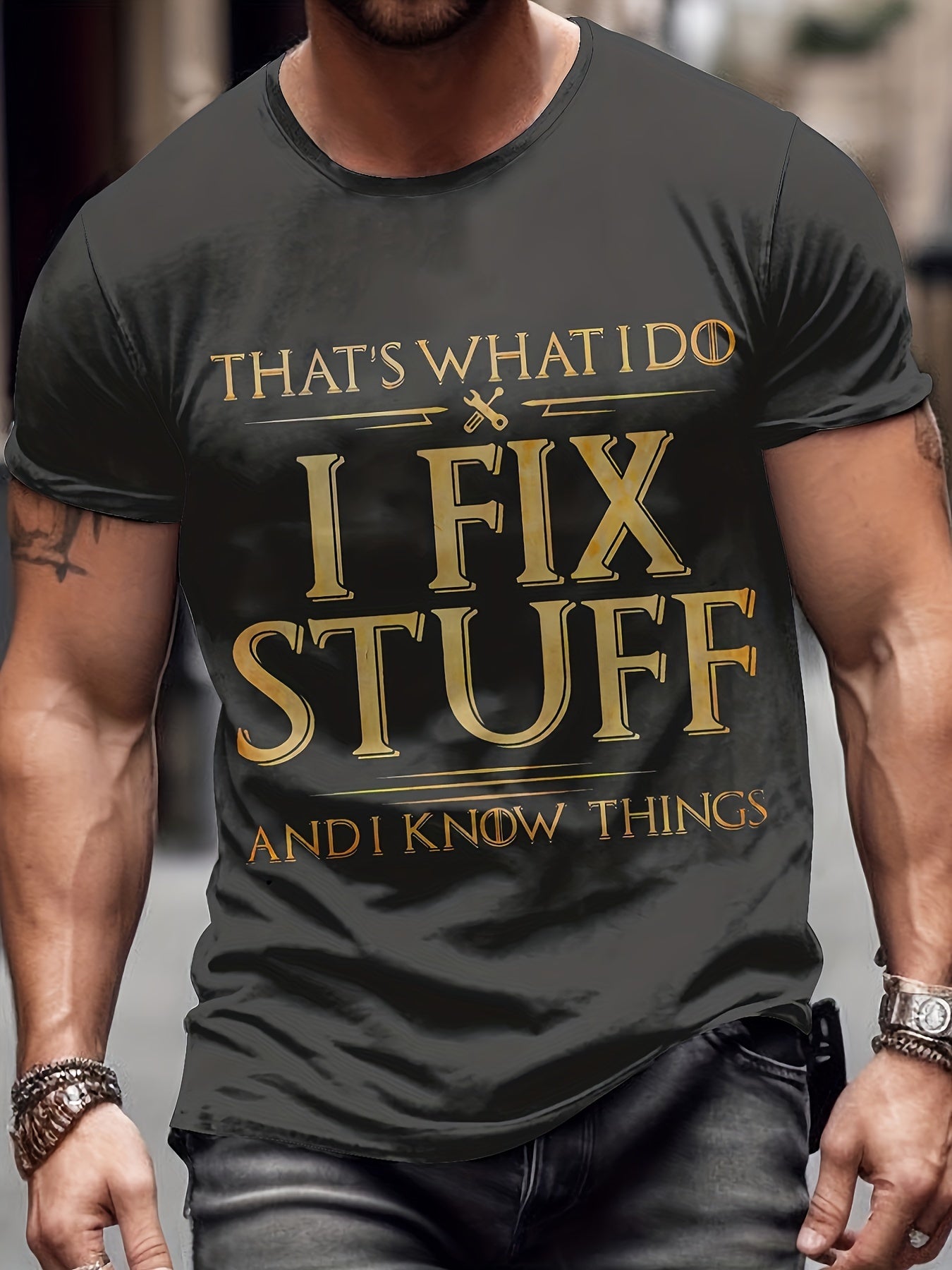 Fix Stuff Slogan 3D Digital Pattern Print Graphic Men's T-shirts, Causal Tees, Short Sleeves Comfortable Pullover Tops, Men's Summer Clothing