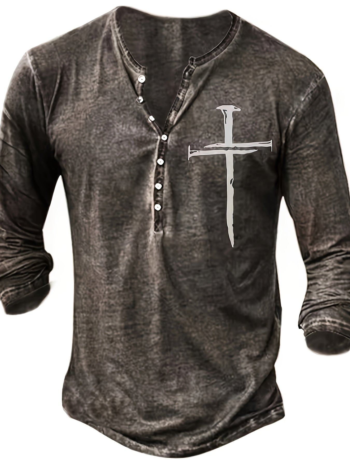 Trendy Cross Pattern Print Men's Basic Henley Tee, Casual Long Sleeve Henley T-Shirt With Button, Tops For Men