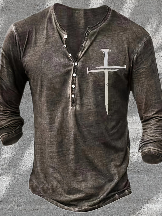 Trendy Cross Pattern Print Men's Basic Henley Tee, Casual Long Sleeve Henley T-Shirt With Button, Tops For Men
